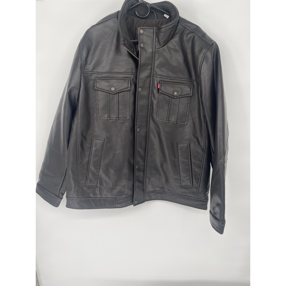 Levis Jacket Mens XL Black Faux‎ Leather Full Zip Moto Biker Aviator